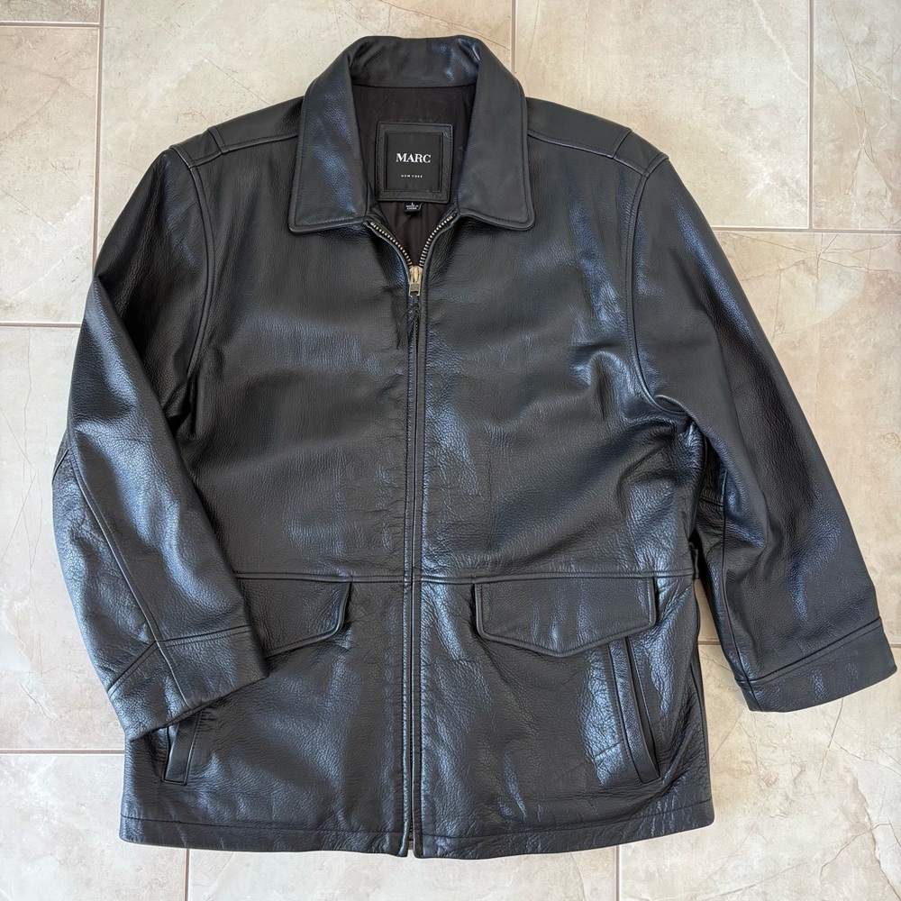 MARC New York Men’s L Black Leather Car Coat Quilted Lined Heavyweight